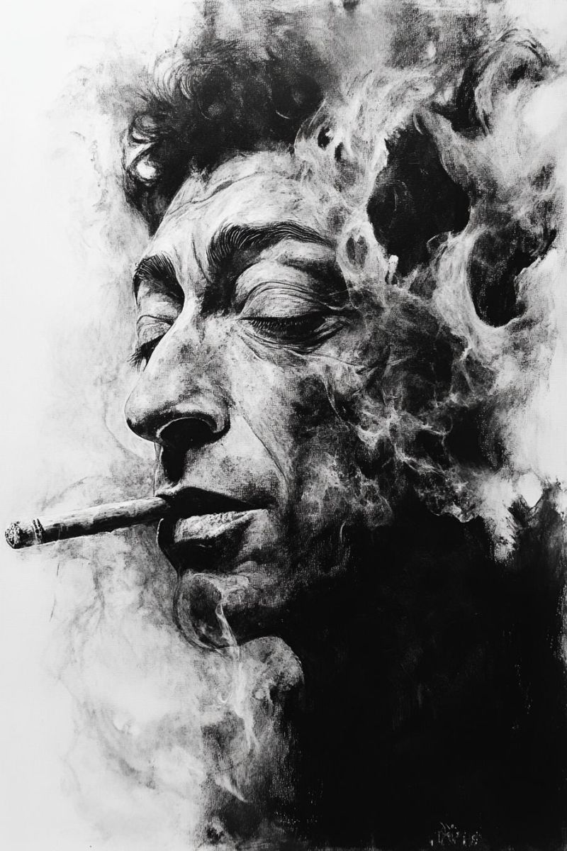 Cigarette smoking smoke man drawing painting expression A black and white portrait of a man with a cigarette in his mouth. The man has a serious expression, with his eyes closed and his mouth slightly open. The smoke from the cigarette is depicted as swirling around his face, creating a dramatic and moody effect. The portrait is done in a realistic style, with attention to detail in the shading and texture of the smoke.