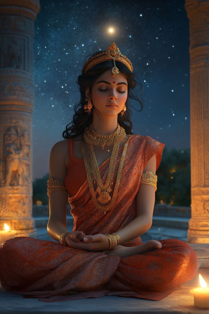 Femme meditation couronne bijoux sari bougie nuit temple ancien rituel spiritualite traditionnel culturel ceremonie culte devotion ciel etoile Une femme est assise en tailleur sur une plateforme en pierre, les yeux fermés en méditation. Elle porte un sari orange traditionnel orné de bijoux en or complexes, y compris un collier, des boucles d'oreilles et des bracelets. Ses cheveux sont coiffés en chignon, et elle porte une couronne dorée avec un pendentif décoratif. Deux bougies, l'une allumée et l'autre non allumée, sont placées de chaque côté d'elle. Derrière elle, deux piliers de pierre avec des gravures sont visibles, et le ciel nocturne est rempli d'étoiles.