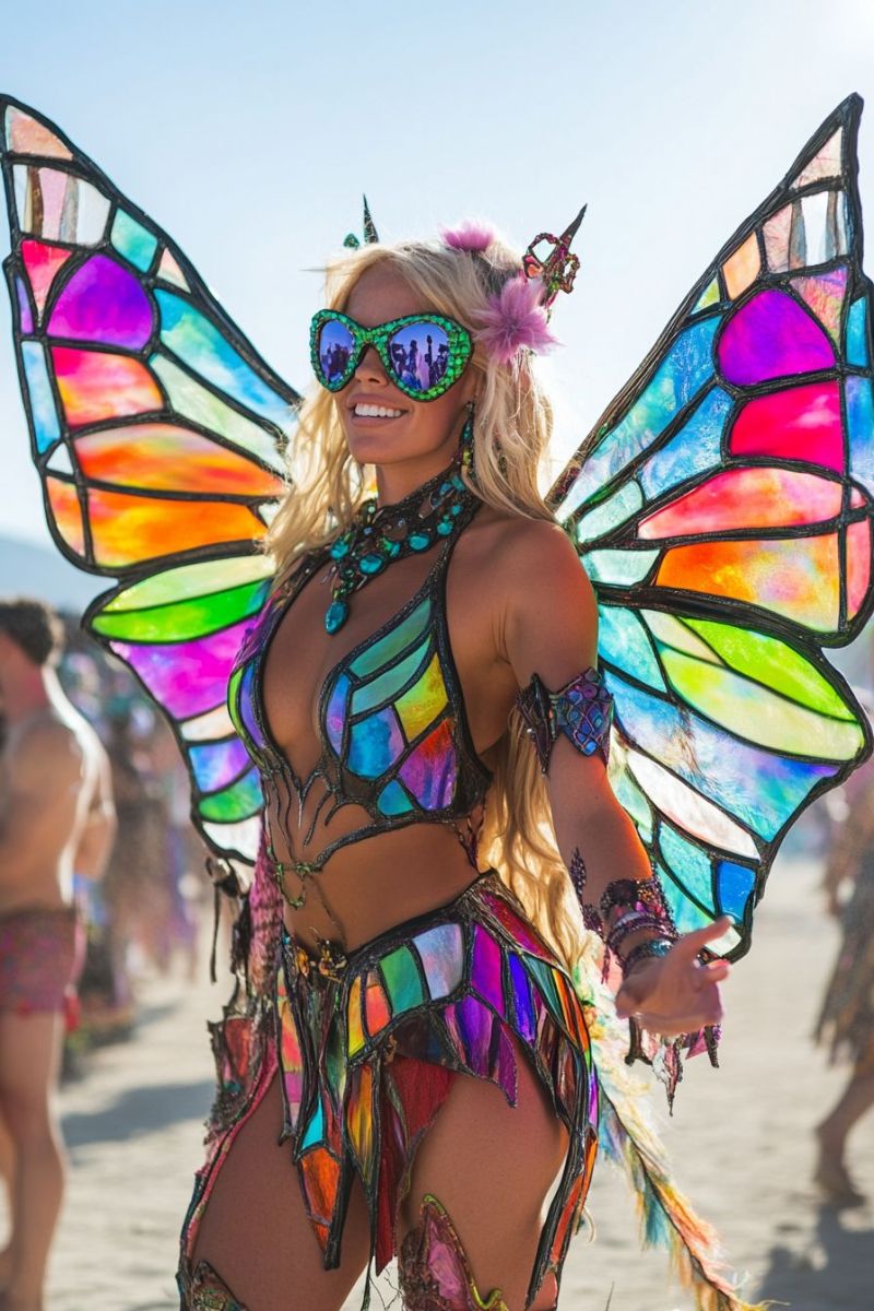 Cosplay festival butterfly costume makeup stylized hair colorful wing glitter outdoor event party fantasy attire creative expression Cosplay festival butterfly costume makeup stylized hair colorful wing glitter outdoor event party fantasy attire creative expression