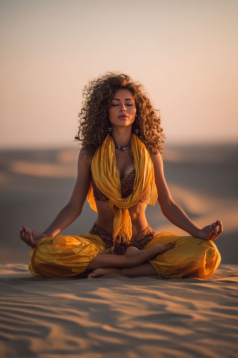 Meditation yoga desert sable coucher soleil femme tenue bijoux collier bracelet boucles oreilles jambes croisees mains paumes doigts yeux fermes conte Une femme aux cheveux bouclés est assise les jambes croisées sur le sable, possiblement dans un désert. Elle porte un foulard jaune autour du cou et une chaîne. Elle regarde vers la gauche les yeux fermés, probablement en position méditative. Le sable est légèrement ondulé, et le ciel est clair. L'ombre de la femme est projetée sur le sable.