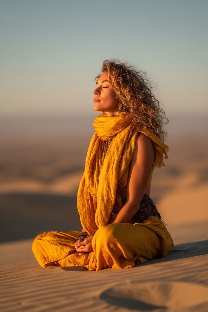 Meditation desert sable coucher soleil femme yoga spiritualite zen paix conscience nature solitude contemplation liberte auto reflexion tranquillite Une femme aux cheveux bouclés est assise les jambes croisées sur une surface de sable désertique. Elle est vêtue d'un vêtement jaune fluide et d'un foulard assorti autour de son cou. Ses yeux sont fermés, et elle semble être dans un état méditatif ou contemplatif. Le ciel au-dessus est clair et bleu, avec le soleil se couchant au loin, projetant une lueur chaude sur la scène.
