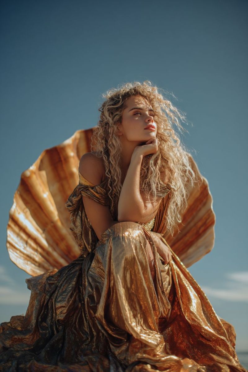 Femme robe beaute glamour elegant luxe bijoux collier joyau accessoires design fabrication magasin boutique Une femme aux cheveux blonds bouclés est assise sur une grande coquille dorée, posant pour une photo. Elle porte une robe dorée et scintillante qui descend jusqu'à ses pieds. Sa main gauche repose sur son menton et sa main droite est sur sa hanche. Elle regarde vers la droite et ses lèvres sont légèrement entrouvertes. Le ciel derrière elle est clair et bleu, avec quelques nuages au loin.
