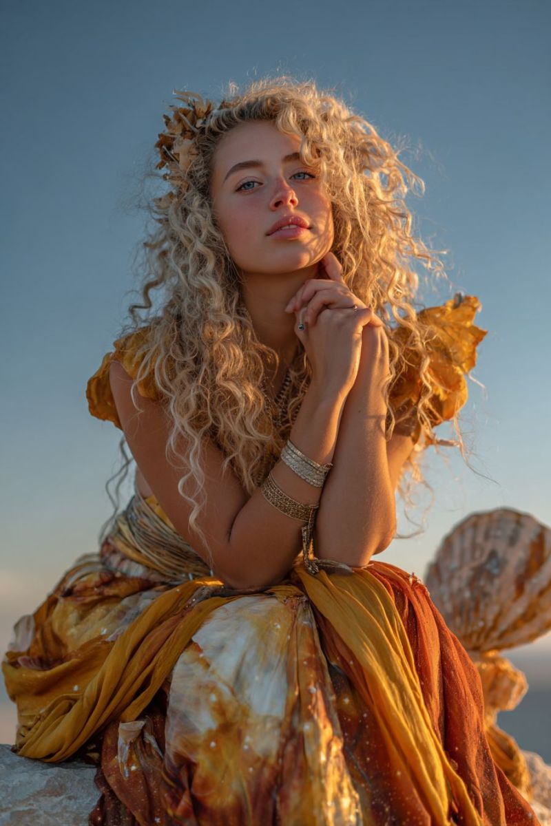 Woman dress jewelry accessories fashion beauty outfit elegant gorgeous sitting hand finger curly A woman with curly blonde hair is sitting on a rock, wearing a golden and orange dress with a leaf crown on her head. She has her hands clasped together and is looking to the side with a serene expression. The background is a clear blue sky, and there is a large shell behind her.