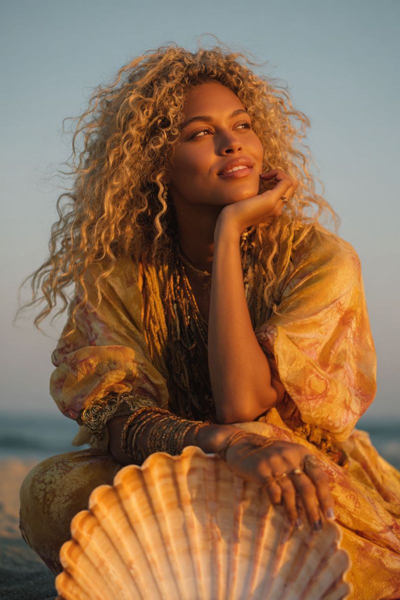 Femme plage coucher soleil bijoux accessoires main sourire coiffure robe coquillage bague bracelet collier boucle oreille Une femme aux cheveux blonds bouclés est assise sur la plage, souriant et regardant sur le côté. Elle porte une robe jaune fluide avec un motif et a une grande coquille sur ses genoux. Elle a la main sur son menton et porte plusieurs colliers et bracelets. Le ciel est bleu et clair, et le soleil se couche, projetant une lueur chaude sur la scène.