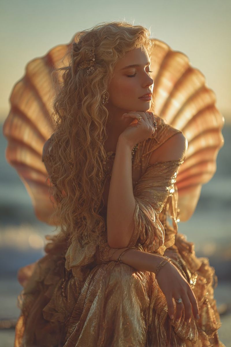 Femme robe bijoux boucle oreille bague collier coquillage plage coucher soleil ciel mer ocean vagues sable marin nature Une femme aux longs cheveux blonds ondulés est assise sur la plage, portant une robe dorée et scintillante qui descend jusqu'à ses pieds. Elle a une expression sereine, les yeux fermés et la main doucement posée sur son menton. Derrière elle, une grande coquille aux motifs complexes, peut-être une coquille Saint-Jacques, est placée comme si elle faisait partie de sa tenue, ajoutant une touche mystique à la scène. Le fond est un dégradé doux et chaud, suggérant un coucher ou un lever de soleil, avec les vagues de l'océan léchant doucement au loin.