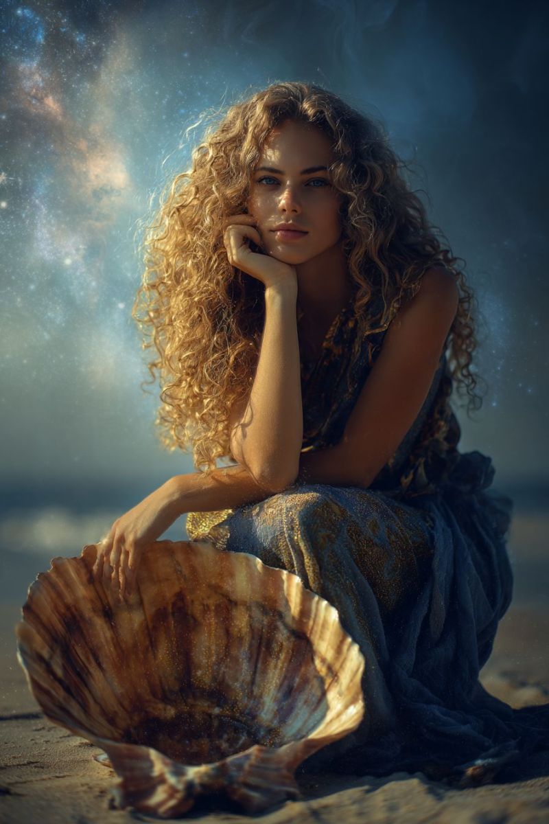 Femme plage coquillage fantaisie beaute elegante mystique cosmique univers espace onirique inspiration inspirant esthetique boucle Une femme aux cheveux blonds bouclés est assise sur une plage de sable, le regard dirigé vers la gauche. Elle porte une robe fluide bleu foncé ornée d'accents dorés. Sa main gauche repose sur son menton, tandis que sa main droite tient doucement une grande coquille brune au motif en spirale texturé. L'arrière-plan présente un ciel bleu profond avec une touche de galaxie, ajoutant une note mystique à la scène.