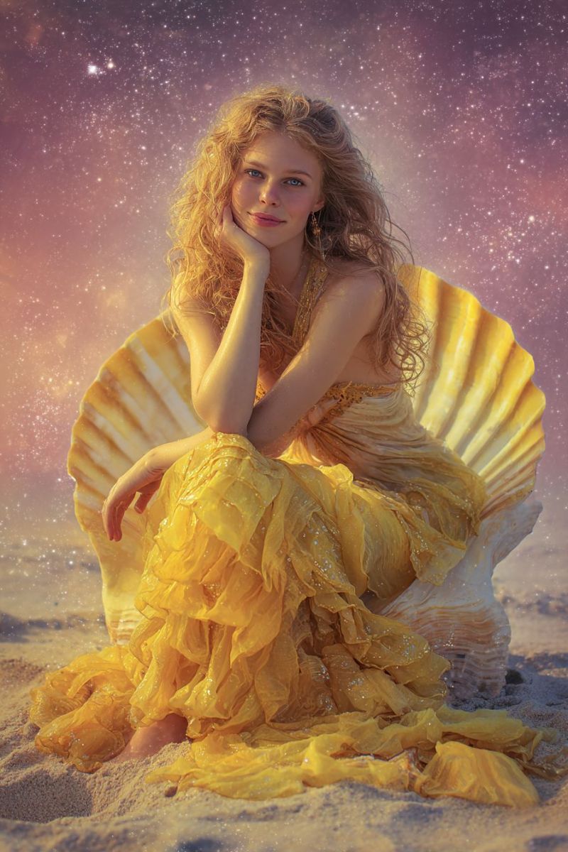 Femme robe beaute elegante bijoux boucles oreilles sourire main coiffure coupe texture Une femme aux longs cheveux blonds bouclés est assise sur une grande coquille sur une plage de sable. Elle porte une robe jaune fluide avec un motif doré sur l'encolure. Elle a la main droite sur son menton et regarde de côté avec un sourire. Le fond est un ciel nocturne étoilé avec un dégradé de couleurs violettes et roses.