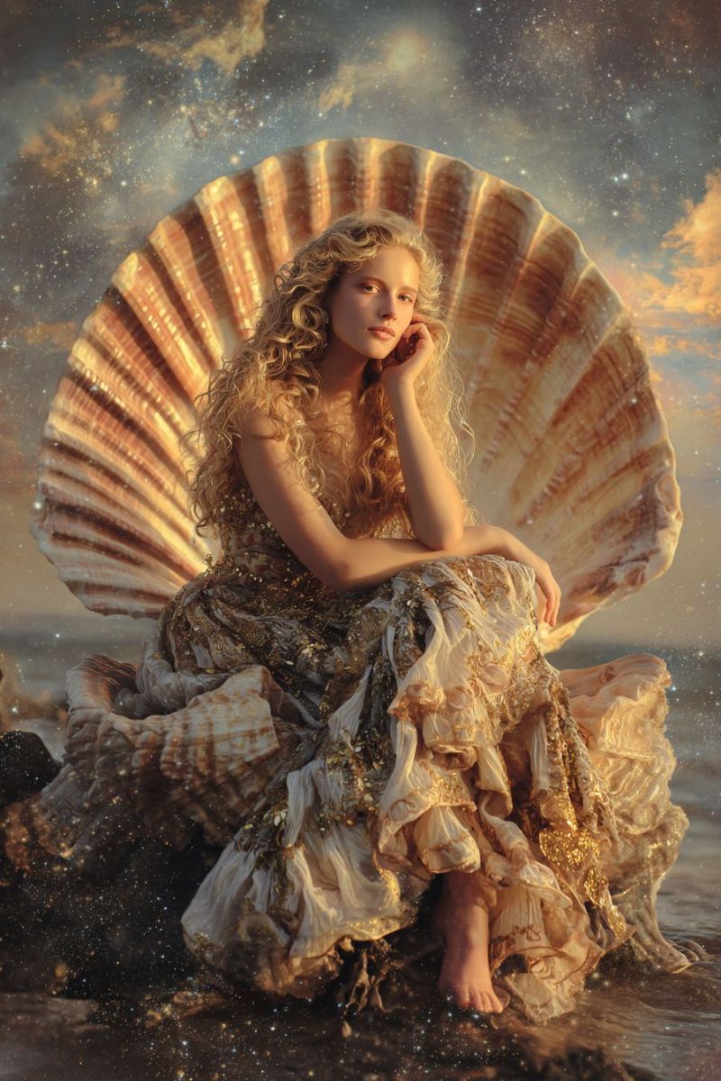 Femme coquillage plage fantaisie robe coiffure bijoux Une femme aux longs cheveux blonds bouclés est assise sur une grande coquille, ouverte et positionnée derrière elle. Elle porte une robe fluide ornée d'accents dorés et semble regarder pensivement sur le côté. Sa main gauche repose sur son menton, tandis que sa main droite touche doucement la coquille. L'arrière-plan présente un ciel rêveur avec des étoiles et une douce lueur éthérée. La scène se déroule sur une plage, avec l'eau léchant doucement la coquille et le sable en dessous.