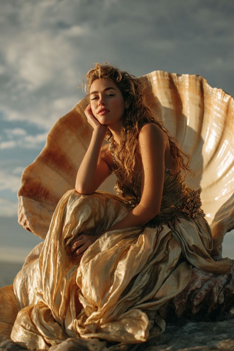 Femme robe coquillage mer ocean plage bijoux accessoires beaute elegance luxe glamour inspiration Une femme aux cheveux bouclés est assise sur une grande coquille, peut-être sur une plage. Elle porte une robe dorée avec des motifs complexes et une chaîne en or. Elle regarde vers la gauche avec sa main sur son menton, semblant poser pour une photo. Le ciel derrière elle est nuageux, et la coquille sur laquelle elle est assise a une couleur brun et blanc.