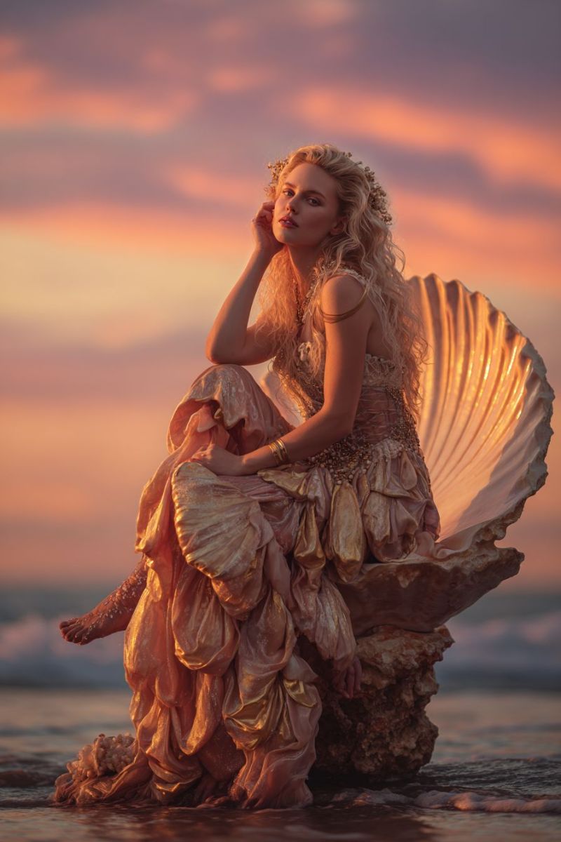 Femme plage coquillage robe fantaisie coucher soleil ocean bijoux eau ciel reflet vagues sable beaute Une femme aux longs cheveux blonds est assise sur une grande coquille sur la plage au coucher du soleil. Elle porte une robe fluide d'une teinte dorée, ornée de détails complexes et une couronne de fleurs sur la tête. Sa main gauche repose sur son menton et sa main droite est posée sur son genou. Le ciel derrière elle est un mélange de teintes orange et roses, créant une atmosphère sereine et magique. L'eau est calme et les vagues viennent doucement lécher le rivage.