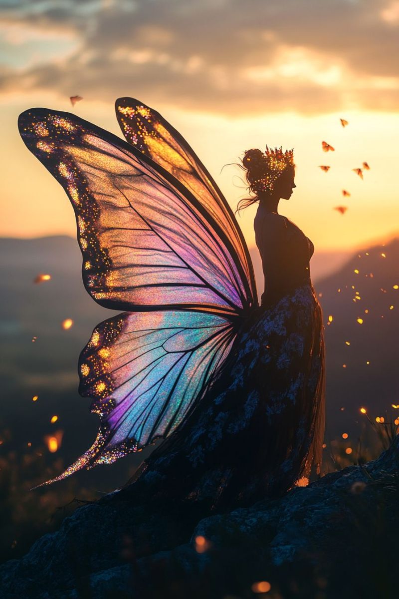 Butterfly fairy fantasy inspirational quote poster female empowerment nature magical forest dusk night time tale enchanting moment fantastical scene with a person standing amidst a field of butterflies at sunset or sunrise. The individual appears to be wearing a long, flowing dress and is releasing more butterflies from their hands, suggesting they might be controlling the scene. The butterflies have a vibrant blend of colors, including shades of purple, blue, green, and orange that give them an ethereal appearance. The person's figure is silhouetted against the sky, which transitions from the warm hues of sunset to the cooler tones of twilight or dawn. The background features a mountain range under a clear sky, with the sun visible near the horizon. There are also small, brightly lit objects that resemble stars or lanterns floating in the air. The image has a high level of detail and is rich in color, creating a dreamy and magical atmosphere. It could be interpreted as a piece of artwork rather than a photograph, given its surreal elements such as the number of butterflies present and their unusual behavior.