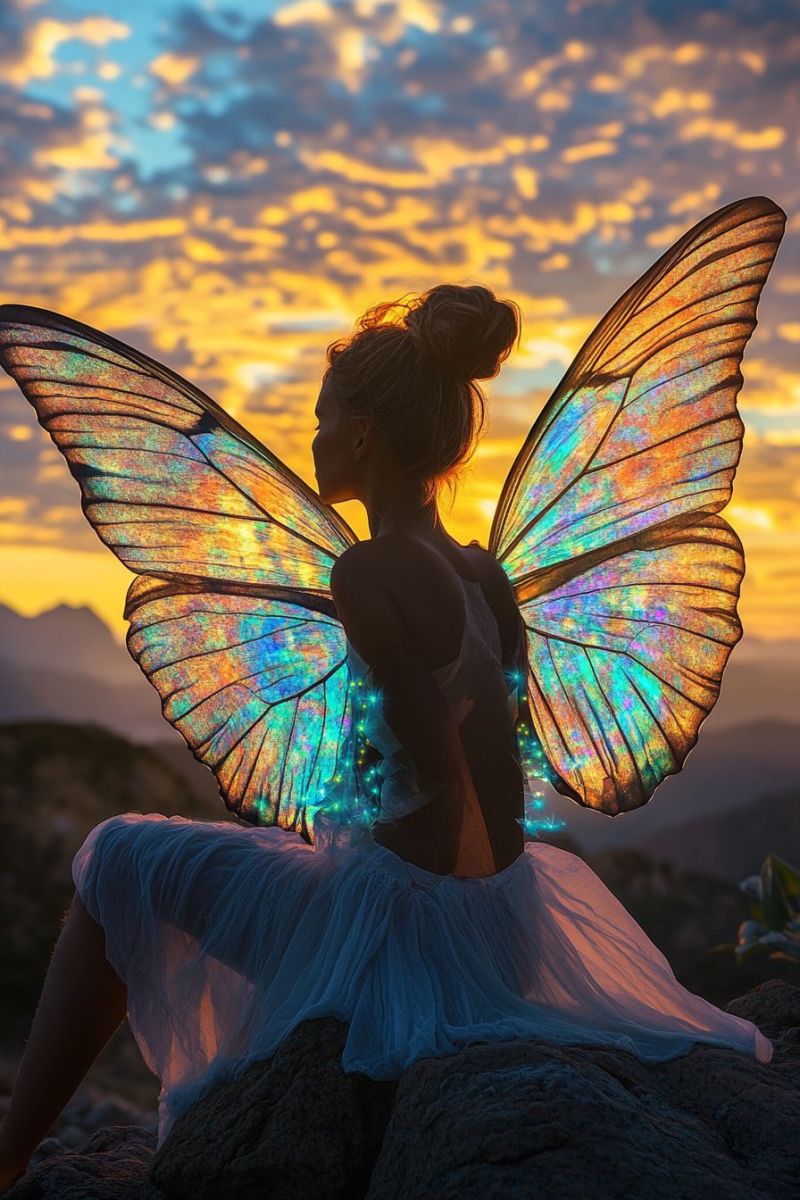 Papillon ailes fee costume glow cosplay eclairage coucher soleil montagne seance feminin crepusculaire stylisee Papillon ailes fee costume glow cosplay eclairage coucher soleil montagne seance feminin crepusculaire stylisee