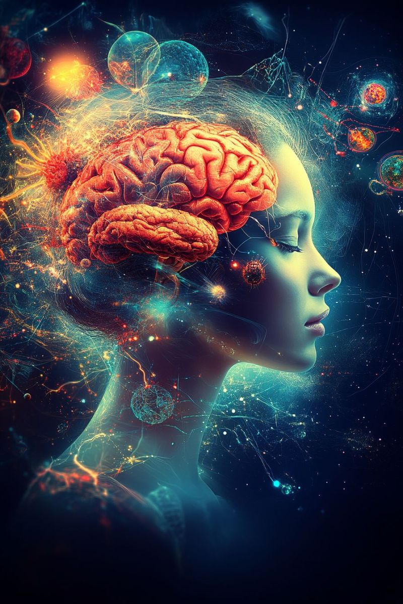 Brain science neuroscience cognitive consciousness mind thought imagination creativity technology future innovation complexity connectivity network stylized portrait of a woman with her head tilted to the side. Her face is serene and her eyes are closed. Her hair is depicted as a vibrant, glowing brain with intricate, colorful patterns and glowing neurons. The brain is surrounded by a network of glowing lines and bubbles, some of which are translucent and contain small, glowing particles. The background is a deep blue with scattered stars and abstract shapes, giving the impression of a cosmic or futuristic setting.