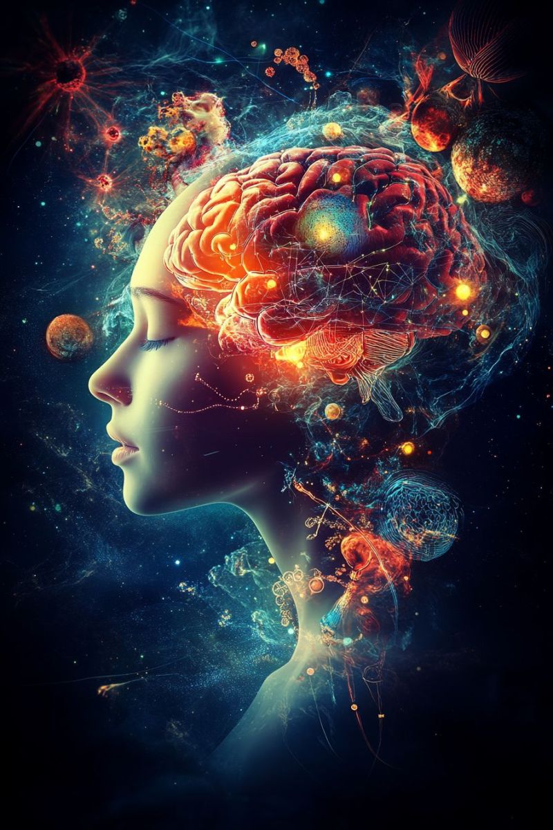Brain science neuroscience consciousness mind cognition thought imagination creativity inspiration inspirational motivational motivation stylized depiction of a woman's head with her eyes closed, set against a dark, space-like background. Her hair is composed of intricate, glowing patterns that resemble neural networks or brain activity, with colors ranging from deep blues to bright yellows and reds. The brain itself is visible, glowing with a mix of red, yellow, and blue hues, suggesting activity and thought. Surrounding the head are various abstract forms, including what appear to be planets, stars, and other celestial bodies, all rendered in vibrant colors. The overall effect is one of a mind in deep thought or meditation, with the brain's activity visually represented by the glowing patterns and the celestial elements adding to the mystical or futuristic atmosphere.
