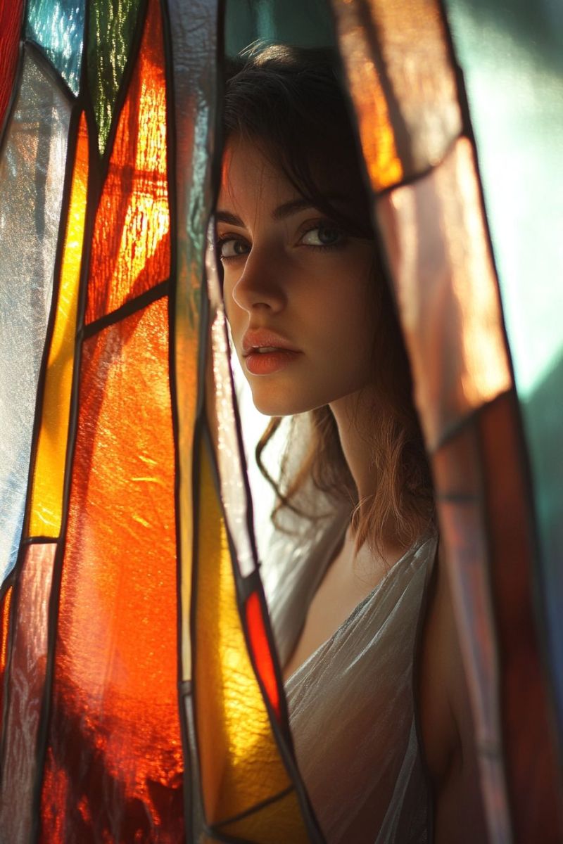 Colorful stained glass window woman looking out sunlit interior soft focus home decor design warm inviting serene peaceful beauty elegance feminine person standing behind a stained glass window. The individual appears to be looking out of the window, which is composed of multiple panes with colorful designs and reflections on the glass. The stained glass has a translucent quality that diffuses the light around the figure. The person is dressed in what seems to be an elegant outfit, possibly a white top, although the details are not clear due to the resolution. They have short hair and are looking directly at the camera with a gentle expression. The background suggests the setting could be indoors, possibly in a room with ambient light coming through the stained glass window. There is no visible text on the image.