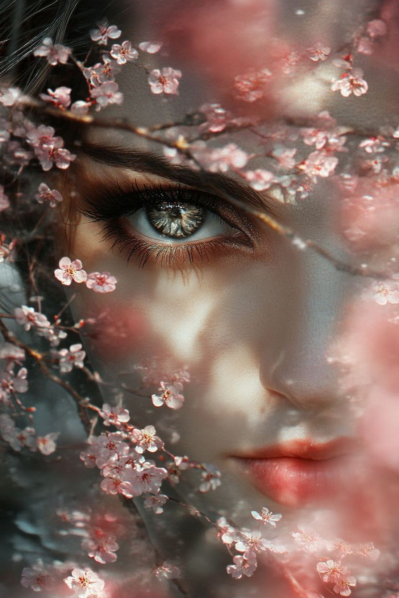 Grand eclairage filtrage fleur cerises poussinees printemps visage feminin maquillage yeux pinceau cils souris bokeh focus doux compo Grand eclairage filtrage fleur cerises poussinees printemps visage feminin maquillage yeux pinceau cils souris bokeh focus doux compo