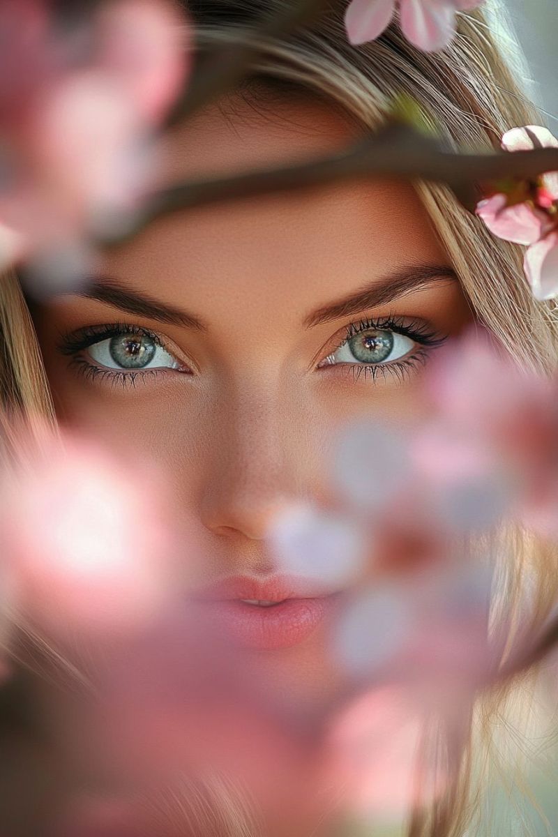 Female subject outdoor setting spring blossom focus eye soft lighting natural beauty flowering tree branch In the image, there is a person with long blonde hair. They are wearing makeup that accentuates their eyes and lips. The individual is looking into the camera with a soft expression. They have one hand gently resting on a branch covered in pink flowers, suggesting that the photo may have been taken outdoors during the spring season. The focus of the image is quite sharp on the person's face and upper body, while the background is softly blurred, which puts the emphasis on the individual.