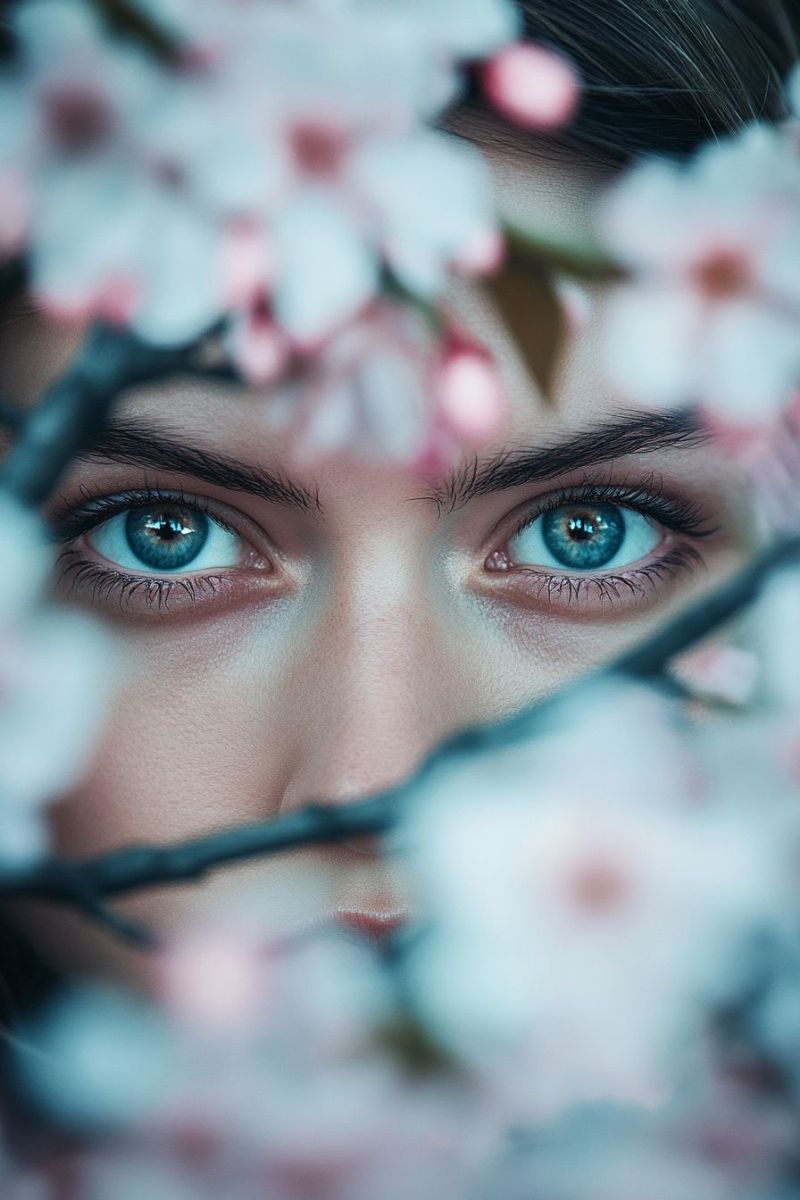 Rapproche femme yeux bleus pecherie printemps papier cerisier cheveux inspire nature focus doux ambiance petale Rapproche femme yeux bleus pecherie printemps papier cerisier cheveux inspire nature focus doux ambiance petale