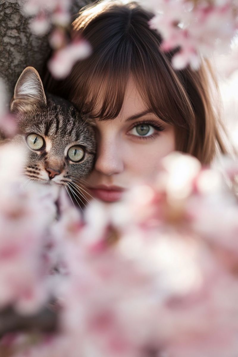 Femme chat printemps fleurs cerisier interaction homme animal saisonniere environnement humain camera saison visage amour Ceci est une image numérique représentant deux personnes et un chat. Dans le plan principal, se trouve une personne avec des cheveux de medium longueur qui regarde directement la caméra. Elle pose sa main à côté d'un broussonet qui fait le cadre autour de son visage. Cette personne porte une chemise sombre avec un design clair. Derrière cette personne se trouve une autre personne avec des cheveux courts, observant par travers une fenêtre recouverte de fleurs rouges. Cette personne semble observer la première personne. Le plan d'ensemble présente une image en douceur d'effet de boîtier, mettant en avant le fond floral et créant un ambiance chaleureuse et intime.