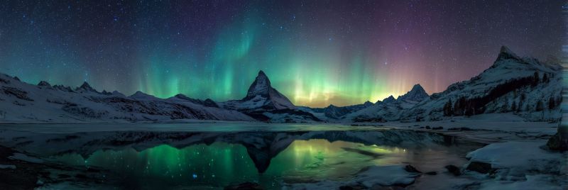 Night sky mountain lake reflection snow aurora stars winter cold frost ice rock water dark nature weather northern a serene and snowy mountain landscape is depicted under a vibrant night sky. The sky is filled with the Northern Lights, also known as the Aurora Borealis, displaying a mix of green, purple, and yellow hues. The auroras illuminate the sky, casting a magical glow over the snowy peaks and the tranquil lake in the foreground. The lake's surface reflects the colors of the auroras, creating a shimmering effect. The mountains are blanketed in snow, and the scene is quiet and peaceful, with no signs of human presence.