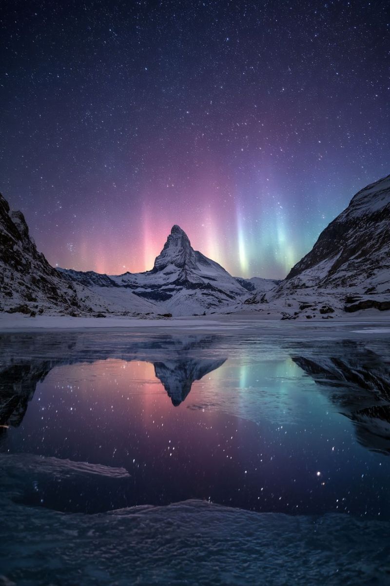 Mountain night sky reflection lake snow aurora stars winter nature ice water mountains clouds a majestic mountain peak stands tall against a back of a starry night sky. The peak is covered in snow, and its reflection shimmers on the calm, dark waters below. The sky is a deep purple, transitioning into a lighter hue near the horizon, where the aurora borealis, or northern lights, dance in vibrant greens and purples. The auroras create a magical, ethereal glow that contrasts beautifully with the stillness of the night. The mountain range is blanketed in snow, and the entire scene is serene and awe-inspiring.