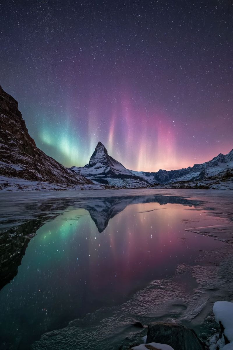 Mountain sky night reflection lake water aurora snow ice rock star cloud dark winter nature outdoor The image captures a breathtaking night scene featuring a majestic mountain peak, likely the Matterhorn, with its reflection shimmering on a tranquil, icy lake. The sky is a deep, dark purple, dotted with countless stars, and is illuminated by the ethereal glow of the Northern Lights, or Aurora Borealis, in shades of green, pink, and purple. The auroras dance across the sky, creating a magical and surreal atmosphere. The mountain range is blanketed in snow, and the entire landscape is bathed in the soft, otherworldly light of the auroras.