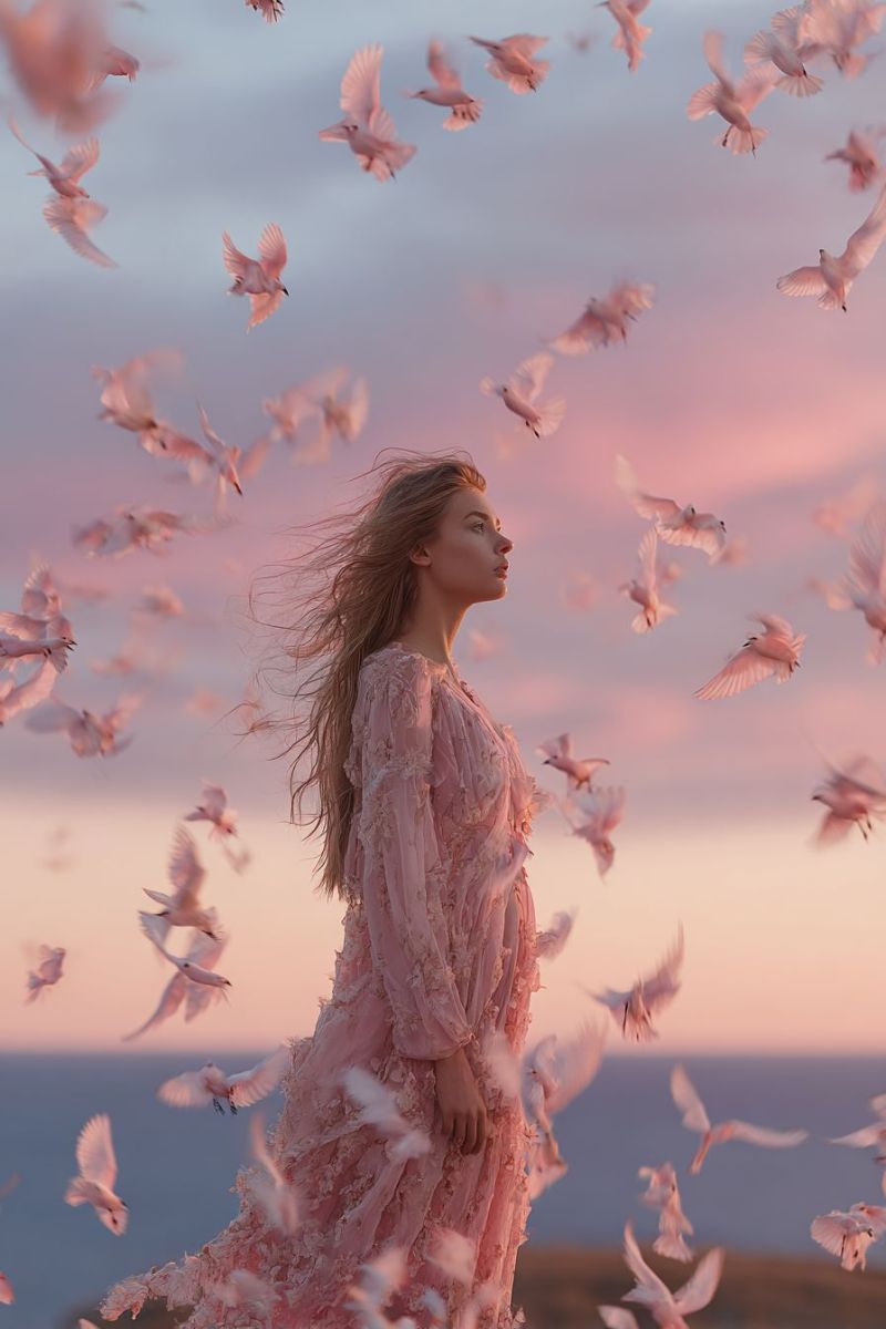 Femme robe rose ciel oiseaux vol coucher soleil nature liberte beaute fantaisie inspiration reve magie elegance grace air Une femme se tient dans un champ, le dos tourné vers l'observateur, ses longs cheveux flottant dans le vent. Elle porte une robe rose fluide ornée de détails en dentelle. Autour d'elle, de nombreux oiseaux roses volent dans diverses directions, créant une atmosphère dynamique et éthérée. Le ciel au-dessus est un doux dégradé de rose et de bleu, suggérant soit l'aube, soit le crépuscule. La ligne d'horizon en arrière-plan laisse entrevoir un vaste espace ouvert, peut-être une mer ou une vaste plaine.
