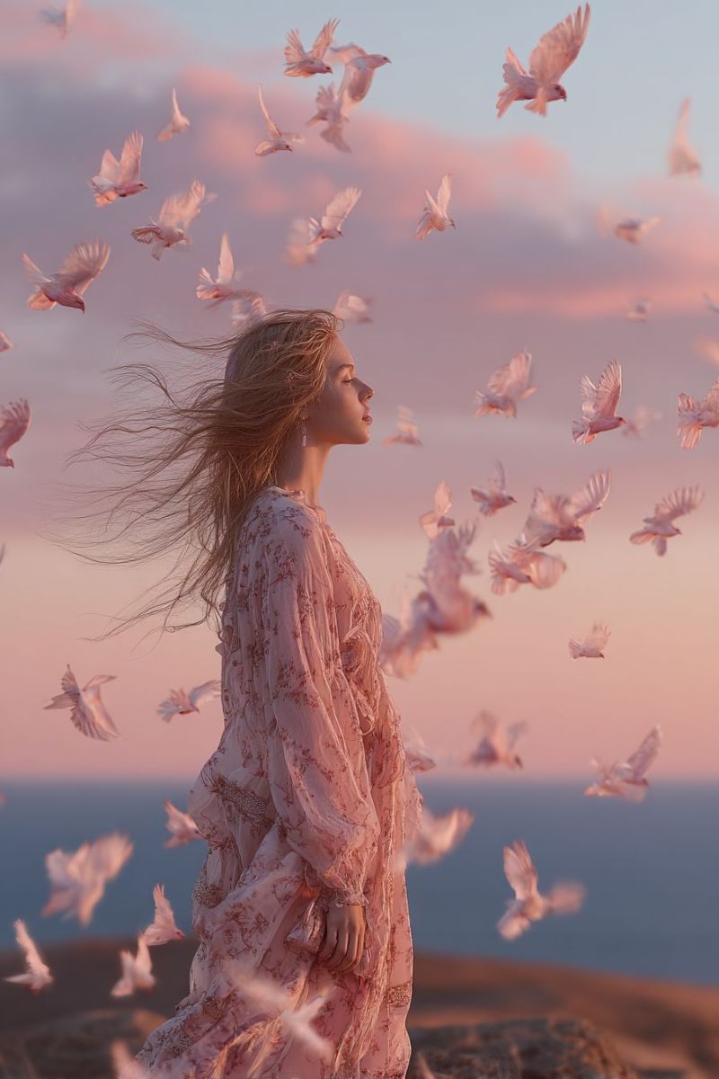 Femme robe rose vol ciel nuages coucher soleil oiseaux nature liberte fantaisie horizon mer montagnes soiree inspiration Une femme aux cheveux longs et flottants se tient sur une falaise, sa robe flottant dans le vent. Elle regarde vers le haut, les yeux fermés, tandis que de nombreuses colombes roses volent autour d'elle. Le ciel est d'un rose doux, passant à un bleu plus profond, avec des nuages dispersés. Les colombes sont éparpillées dans diverses directions, certaines volant près de la femme, tandis que d'autres sont plus loin. La scène est sereine et paisible, la femme semblant être dans un état de tranquillité.
