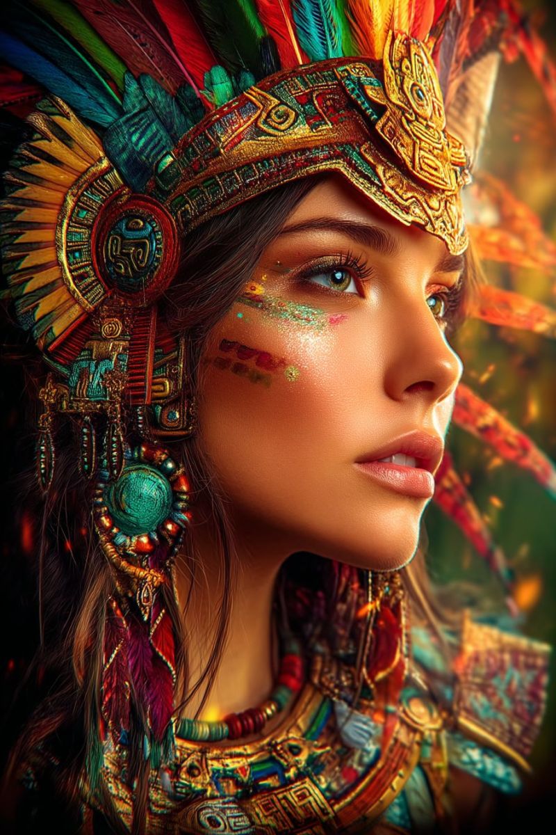 Femme coiffe plumes bijoux maquillage ancien culture tradition rituel ceremonie ethnique tribal indigene mode beaute expression emotion visage Une femme aux cheveux longs et ondulés porte un diadème vibrant et richement décoré, orné de plumes et d'accents dorés. Son visage est peint de motifs colorés, notamment des motifs verts et rouges sur ses joues et son front. Elle a des yeux bleus saisissants et une expression sereine. Elle porte un collier avec des perles turquoises et rouges, et ses épaules sont couvertes d'un vêtement coloré et à motifs. L'arrière-plan est flou, avec des touches de vert et de rouge, suggérant un cadre naturel ou cérémoniel.