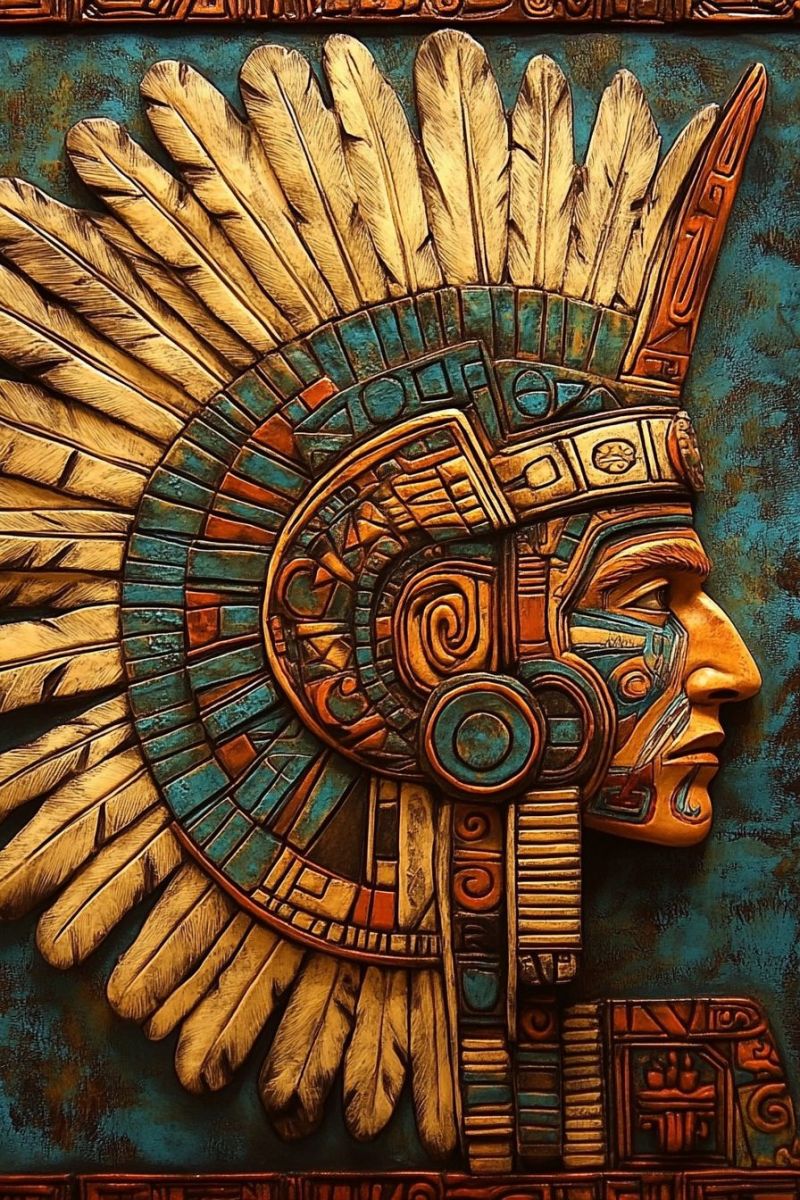 Feathers headdress head indian indians mask native natives painting sculpture wall american americans people peoples detailed, textured artwork of a warrior's head, possibly from an ancient civilization. The warrior's face is painted in shades of brown and blue, with intricate patterns and designs. The warrior's head is adorned with a headdress made of feathers, which are painted in shades of brown and gold. The headdress has a circular design in the center, with a blue and orange pattern. The warrior's face has a serious expression, with a slightly open mouth and a furrowed brow. The background of the image is blue, with a textured, aged appearance.