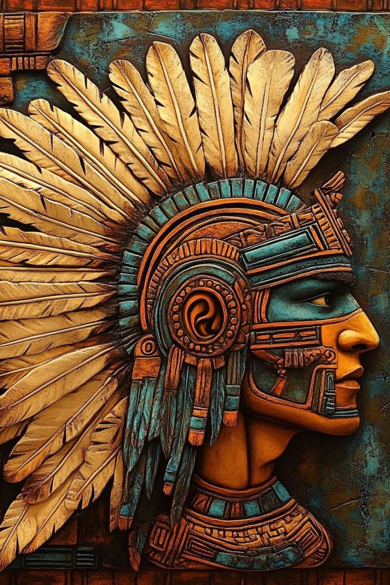 Feather feathers headdress indian indians mask native painting profile sculpture statue texture tribal warrior wood american americans stylized portrait of a person wearing a headdress adorned with feathers. The headdress is intricately designed with a mix of brown and blue colors, featuring a prominent circular element in the center. The face is painted in shades of blue and yellow, with detailed patterns around the eyes and mouth. The background is textured and painted in shades of brown and blue, adding depth to the portrait. The overall style is reminiscent of ancient indigenous art, with a focus on cultural and symbolic elements.
