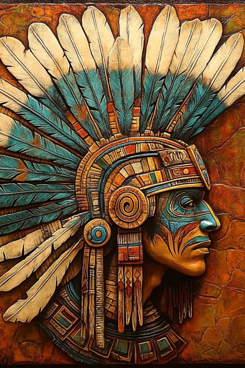 Painting headdress feathers colorful texture pattern design ancient culture symbolism ethnic traditional indigenous native tribal heritage detailed and vibrant painting of a Native American warrior's head. The warrior's face is painted in shades of brown and blue, with intricate patterns and designs. The warrior's head is adorned with a headdress made of feathers, which are painted in shades of brown, blue, and white. The feathers are arranged in a way that they form a fan-like shape on top of the warrior's head. The warrior's face has a serious expression, and the painting captures the warrior's intense gaze. The background of the painting is painted in shades of brown and green, which creates a natural and earthy feel.