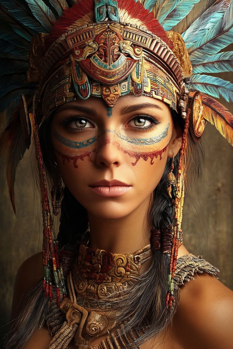 Woman headdress feathers ancient tribal jewelry necklace earrings red blue gold hair makeup eyebrows lips texture paint A woman with long, dark hair is dressed in elaborate, traditional attire. She wears a headdress adorned with feathers in shades of red, blue, and green, and intricate designs. Her face is painted with blue and red designs, and she has a serious expression. She wears a necklace with a large pendant and earrings with tassels. The background is dark and textured, possibly indicating a rustic or ancient setting.