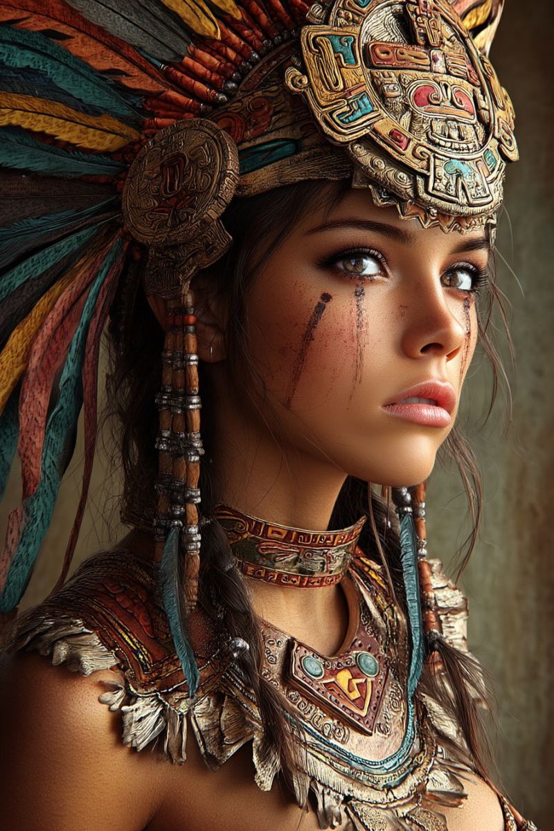 Woman headdress feathers jewelry necklace earrings makeup tribal ancient culture tradition ceremony ritual ceremonial costume attire fashion war paint A woman is dressed in elaborate traditional attire, possibly inspired by ancient Mesoamerican cultures. She wears a tall, intricately designed headdress adorned with feathers in various colors, including red, yellow, and green. The headdress has a large, ornate central piece with detailed carvings and a mix of red, blue, and yellow colors. Her face has red streaks running down from her eyes, adding a dramatic effect. She wears a necklace with a large pendant featuring a geometric design and turquoise stones. The woman's hair is long and loose, with visible strands of beads and feathers. Her expression is serious, and she is looking directly at the camera.