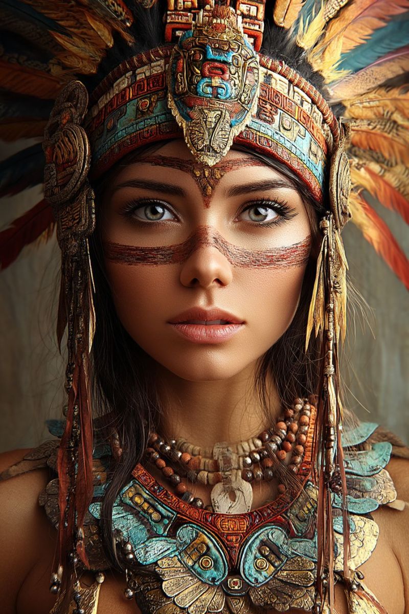Woman headdress feathers jewelry necklace earrings makeup eyeliner lipstick tribal indigenous culture tradition costume fashion paint A woman is dressed in elaborate traditional attire, possibly for a cultural or ceremonial event. She wears a headdress adorned with feathers and intricate designs, including a prominent central emblem. Her face is painted with red and blue lines, adding to the ceremonial look. She has brown hair that falls freely around her shoulders. Around her neck, she wears multiple beaded necklaces, and her chest is covered with a detailed, multicolored garment featuring various shapes and patterns. Her expression is calm and focused, with her eyes slightly open and lips slightly parted.