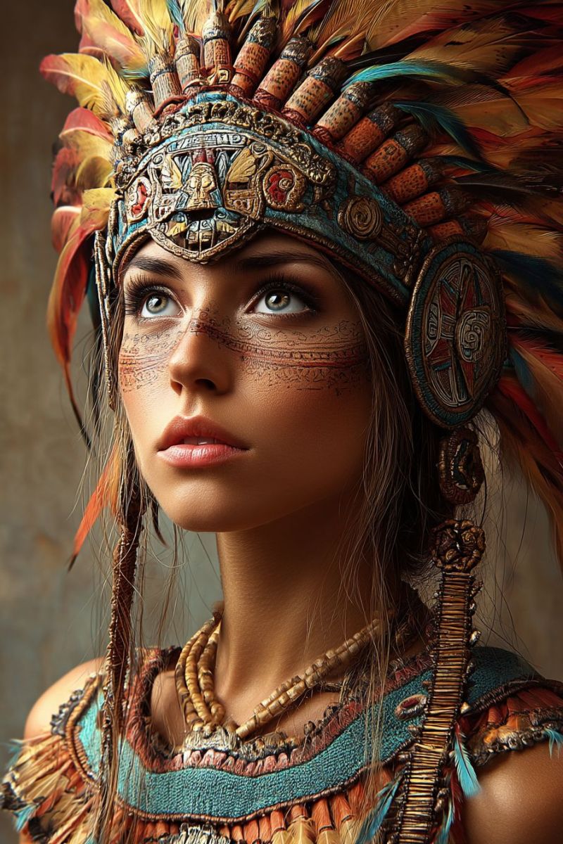 Woman headdress feathers jewelry necklace earrings costume tribal indigenous culture fashion beauty makeup ethnic traditional ceremonial ritual paint A woman is dressed in a vibrant, intricately designed costume that appears to be inspired by indigenous or tribal themes. She wears a headdress adorned with feathers in various colors, including red, yellow, and blue, and it has a decorative band around the forehead with a central emblem. Her face is painted with intricate designs, possibly representing tribal art. She has a serious expression and is looking directly at the camera. Her costume includes a necklace with beads and a detailed shoulder piece. The background is plain and neutral, allowing the focus to remain on the woman and her elaborate attire.