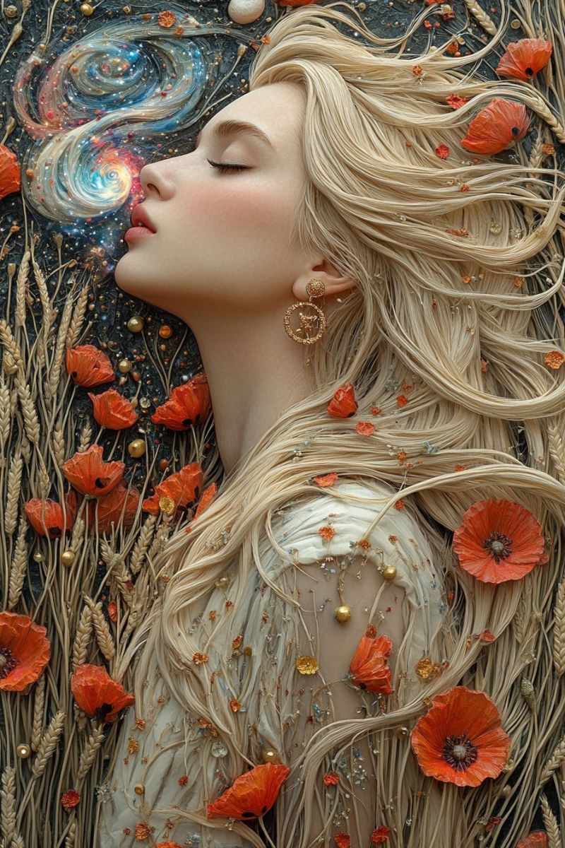 Female painting realism woman flower red poppy field cosmo space galaxy dreamy fantasy surreal eyes closed crown blonde hair nature earth highly detailed artwork of a person. The individual appears to be a woman with long, flowing hair that cascades around her head, suggesting movement or perhaps the passage of time. She is looking towards something off-frame, giving an impression of contemplation or being lost in thought. She has a fair complexion and features such as eyebrows, eyes, nose, and mouth can be discerned. Her lips are slightly parted, which could suggest she is speaking or singing. The woman's attire is not clearly visible due to the high level of detail; however, there seem to be elements that resemble a golden hue around her neck area. This may indicate jewelry or an intricate garment. Her facial expression conveys a serene and contemplative mood. The background, though blurred, appears to be a blend of organic materials with what could be interpreted as flower petals or possibly stylized feathers, contributing to a sense of nature and tranquility. The overall composition of the artwork has a dreamy, almost fantastical quality, enhanced by the use of vibrant colors and detailed shading that gives depth to the scene. The art style is reminiscent of contemporary illustrations known for their vivid colors and highly textured surfaces.