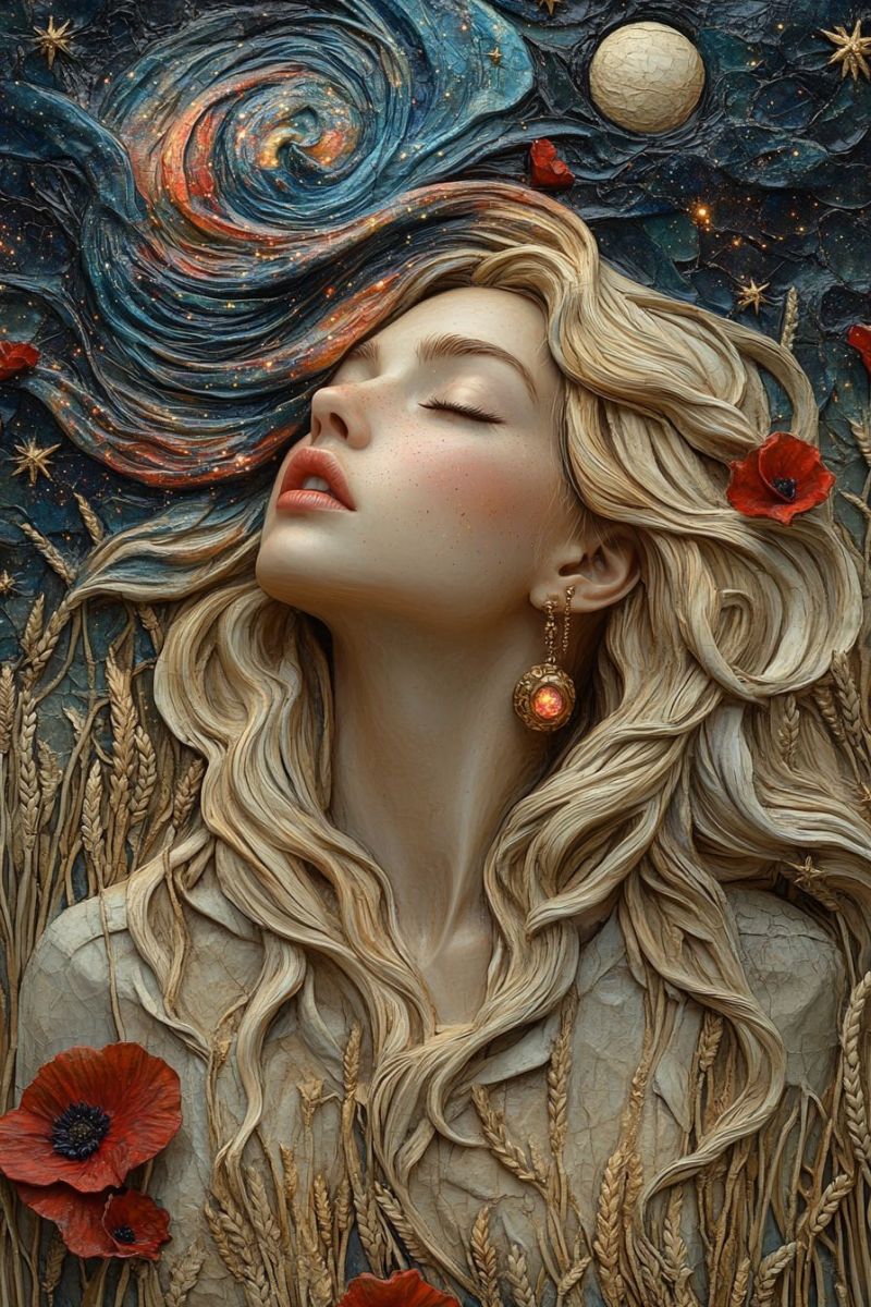 Female fantasy woman hair celestial cosmic flowers stars This is a vivid and detailed illustration of a young woman lying on her back. She has long, wavy blonde hair that drapes over her shoulders. Her eyes are closed, suggesting she may be in a state of relaxation or perhaps lost in thought. The background features an artistic depiction of the night sky with constellations and stars, creating a cosmic feel. The woman is wearing what appears to be an intricate necklace adorned with small beads that could represent gems or pearls. She has a serene expression on her face and is dressed in a flowing garment. The overall color palette of the image is dominated by warm tones, with highlights of cool blues and reds adding depth and contrast to the composition. The illustration style is highly detailed and realistic, capturing the subtle nuances of skin texture and hair movement. The artist's use of light and shadow gives a three-dimensional appearance to the artwork. It seems like a beautiful piece of fantasy art that could be appealing to those who enjoy fantasy themes, celestial motifs, and feminine portrayals.