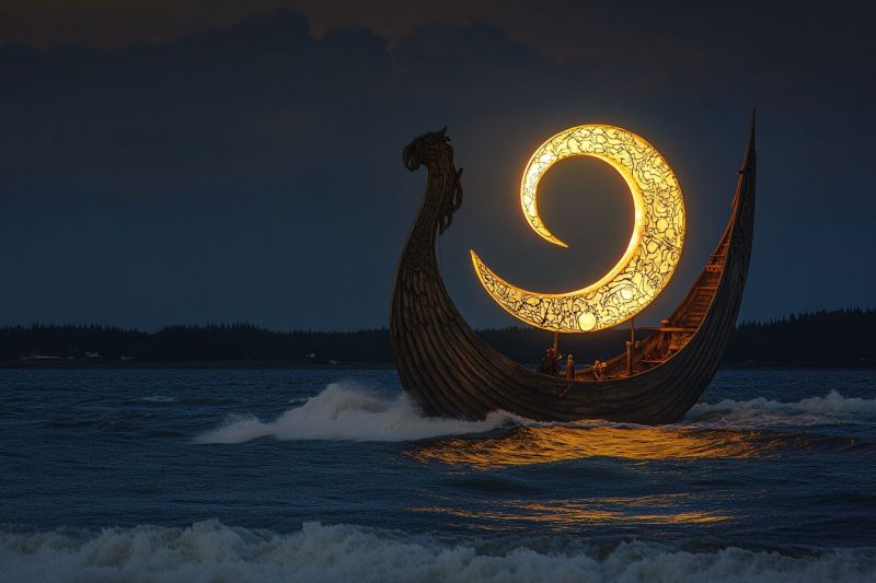 Navire viking bateau lune ocean soir ciel lumineux sous croissant voile bois eau bleue marine volant maritime nuit Un individu marche sur une plage de sable. L'individuel porte des vêtements très minimalistes ; il ne porte que des tissus feuillagers qui ressemblent aux costumes traditionnels des peuples autochtones, ce qui pourrait être considéré comme un costume. Les vêtements semblent être fabriqués à partir de matériaux naturels, peut-être même de la vegetation. L'individuel a une barbe et est nu sur la tête. Il n'y a pas d'écriture visible sur l'image.