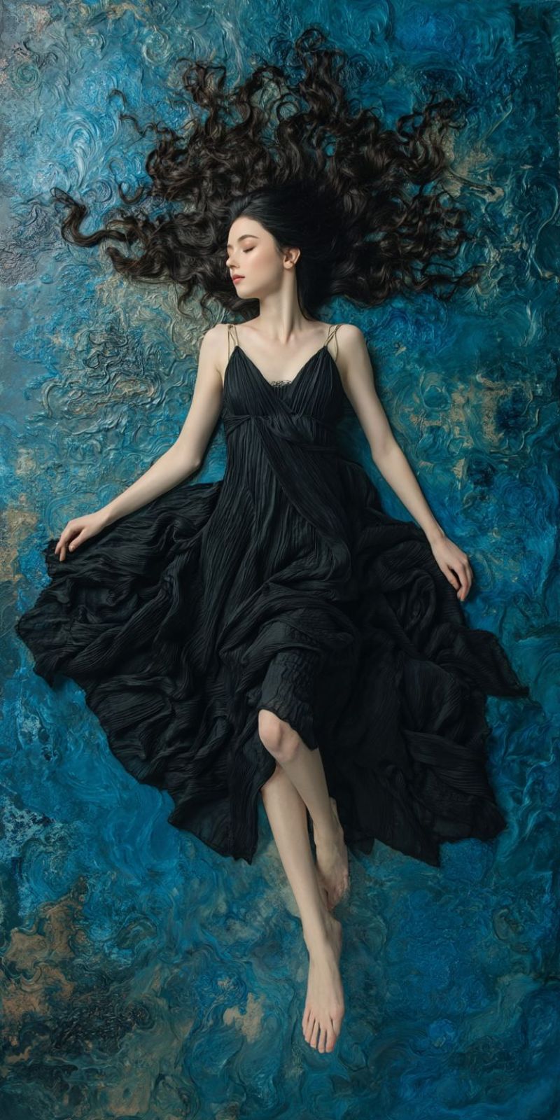 Woman lying dress hair water blue fashion beauty elegant texture waves calm dreamy A woman lies on a bed of swirling blue and green paint, her long dark hair flowing around her. She wears a black, flowing dress that drapes over her body. Her eyes are closed, and she appears to be in a state of deep relaxation or sleep. The bed beneath her is covered in a mix of blue and green hues, creating a dreamy and surreal atmosphere.