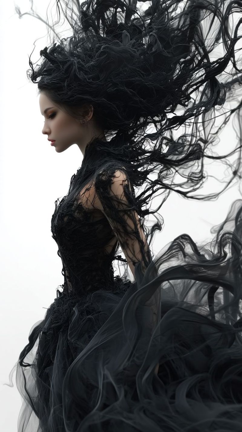 Fashion elegant gorgeous hairstyle beauty hair dress blowing A woman with long, wavy black hair is wearing a black, flowing dress that appears to be made of sheer fabric. The dress has intricate lace details and billows dramatically around her. She is looking to the side with her eyes closed, giving a serene and somewhat mysterious expression. The background is a plain, light-colored surface, which makes the woman and her dress stand out prominently.