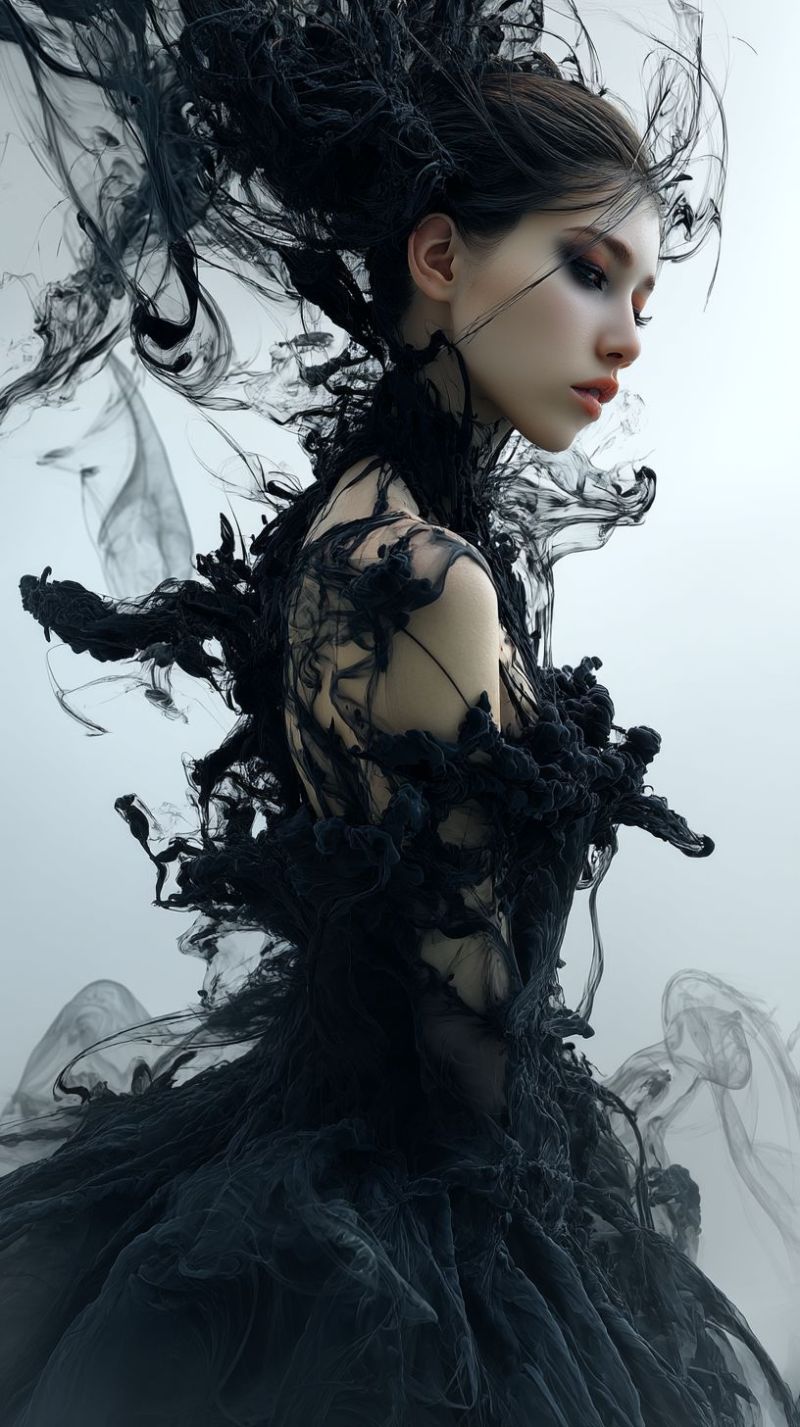 Woman dress hair smoke fantasy beauty fashion elegant gorgeous hairstyle hairdo makeup mystical A woman with dark hair styled in a dramatic, flowing manner, wearing a black, intricately designed dress that appears to be made of lace or mesh. The dress has a high collar and long, flowing sleeves. She has a serious expression, with her lips slightly parted and her eyes looking to the side. The background is a mix of dark and light shades, with some smoke-like effects around her head and shoulders.