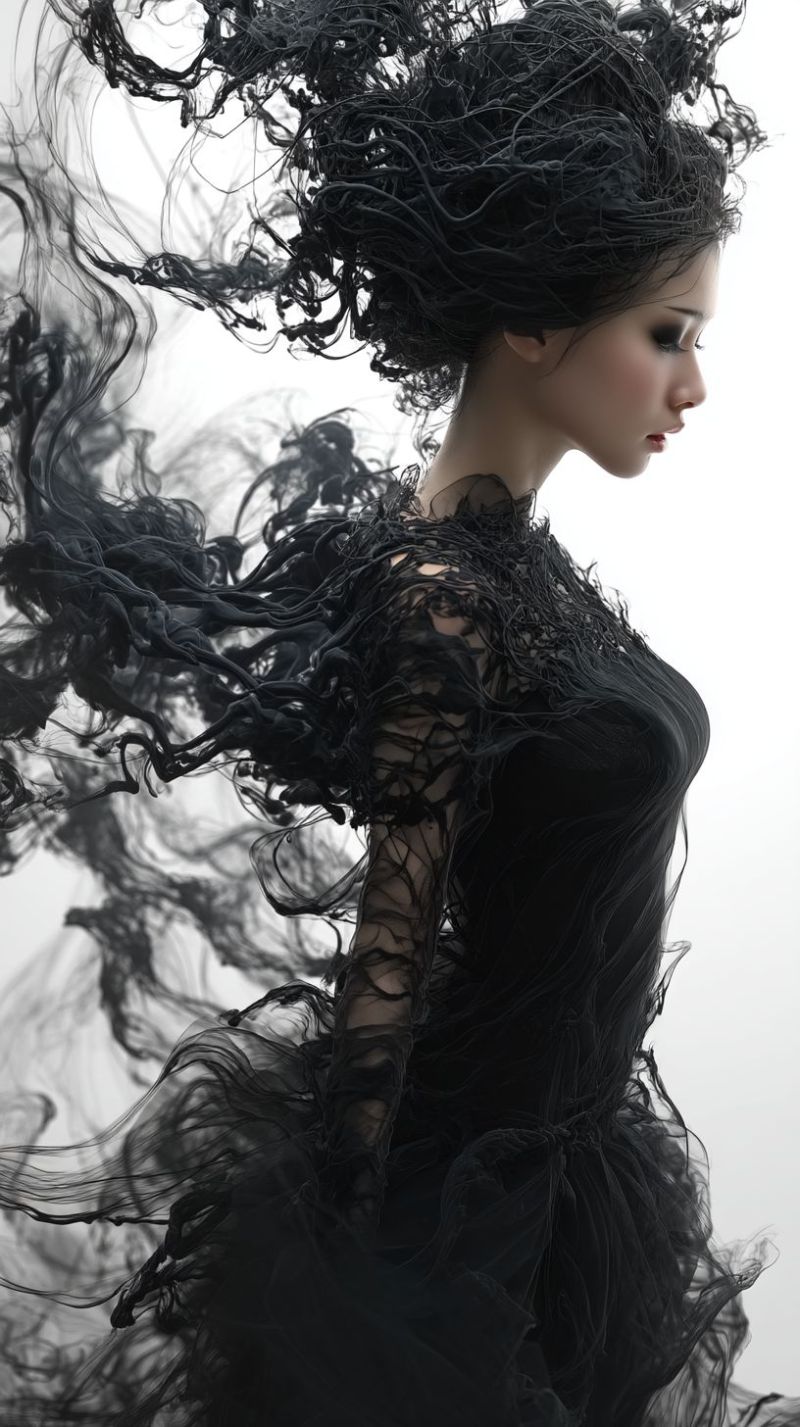 Dress hair woman fashion elegant gown beauty smoke hairstyle hairdo haircut hairdresser hairstyling A woman with long, wavy black hair styled in a dramatic, flowing manner, appears to be in motion. She wears a black, intricately designed dress with a high collar and long, flowing sleeves. The dress has a lace-like texture and appears to be made of a sheer, lightweight fabric. The woman's face is partially obscured by her hair, but she has a serious expression. The background is a plain, light-colored surface, possibly a wall or a backdrop.