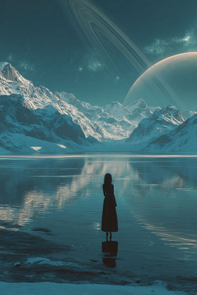 Mountain lake water sky night planet space reflection star cloud snow ice rock frost winter cold dark A woman stands in a serene, icy landscape, gazing at a vast, icy planet with rings in the sky. The planet is surrounded by a dark, starry sky. The woman is dressed in a long, dark coat and stands in a calm, reflective lake. Snow-covered mountains rise in the background, and the scene is bathed in a soft, blue light.