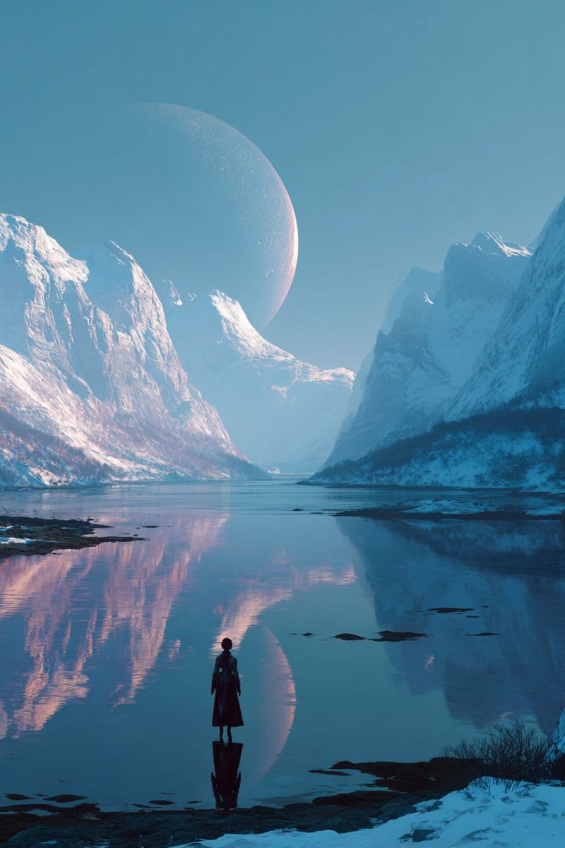 Montagne eau reflet ciel neige roche glace nuage mer ocean colline lac plage arbre foret vallee riviere glacier rivage Une personne se tient au bord d'un lac serein et réfléchissant, entouré de montagnes enneigées. L'eau reflète le ciel, les montagnes et la personne, créant une scène symétrique. Les montagnes sont escarpées et couvertes de neige, avec une grande planète lumineuse visible dans le ciel, ajoutant une touche surréaliste au paysage. Le ciel est d'un bleu clair et profond, et la scène dans son ensemble est paisible et tranquille.