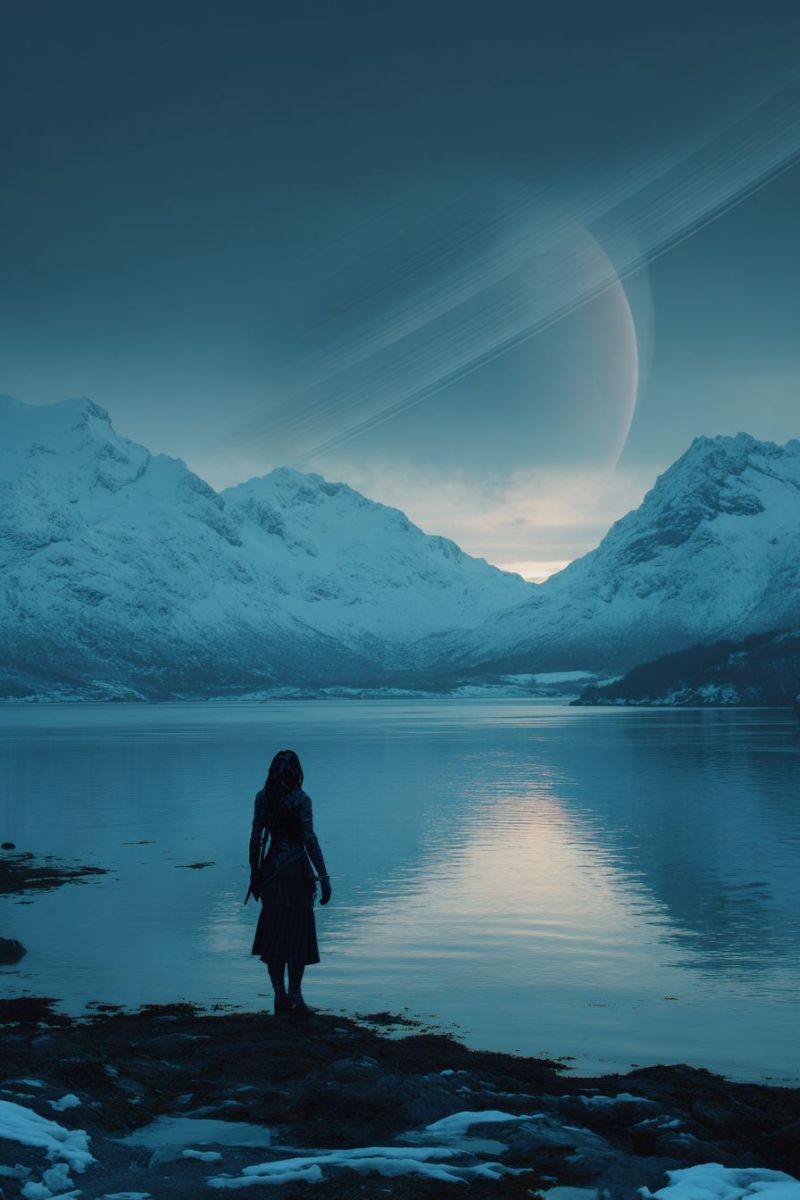 Lake water mountain sky snow reflection night sea cloud horizon seascape seaside A person stands on the shore of a calm lake, facing the water. The person is dressed in a long, dark coat and has their back turned. The lake reflects the sky and a large, glowing planet in the distance. The mountains behind the lake are covered in snow, and the sky is a deep blue. The scene is set in a serene, otherworldly landscape.
