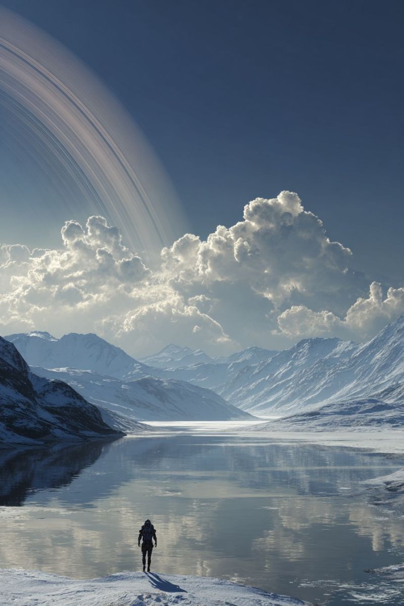 Mountain lake sky cloud water snow reflection horizon ice sun sunlight sunrise sunset snowy range peak valley slope A person stands on a snowy landscape, gazing at a serene lake that mirrors the sky and surrounding mountains. The sky is a deep blue, adorned with fluffy white clouds. Above the scene, a large, ringed planet, possibly Saturn, is visible, casting a soft glow over the land. The mountains are snow-covered, and the entire scene is bathed in a tranquil, almost ethereal light.