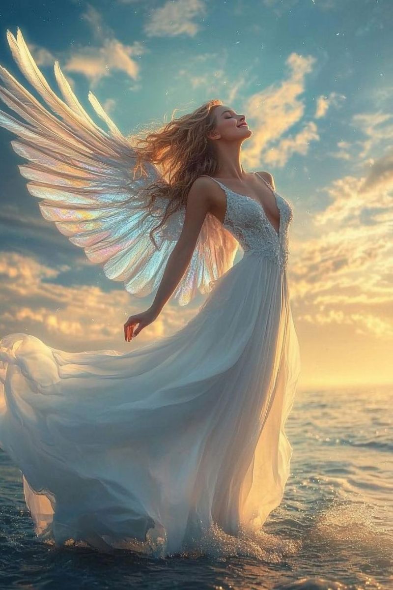 Angel ailes feminine soyeux blanche robe ciel nuages soleil beaute calme paisible nature eau ocean horizon jour fantaisie L'œuvre d'art numérique est colorée et vibrante, se déroulant dans un paysage urbain abstrait avec des bâtiments et des structures qui semblent flotter ou être suspendues dans l'espace. Les couleurs dominantes sont chaudes, avec l'utilisation de rouges, jaunes et bleus pour créer une atmosphère animée et dynamique. L'œuvre d'art est composée de divers éléments, notamment des formes géométriques et des figures, lui conférant une qualité presque fractale. Ces formes et couleurs se chevauchent et se recouvrent les unes des autres, suggérant le mouvement et l'énergie. Le fond ressemble à un espace avec des étoiles ou des corps célestes dispersés autour, ajoutant à l'impression d'une ville qui flotte dans un environnement cosmique. Le style de l'œuvre d'art est rappelé par la modern art numérique, caractérisé par son utilisation de couleurs vives et brillantes ainsi que son approche abstraite de forme et de composition. Il n'y a pas de texte présent dans l'image. L'effet général est celui du mouvement, de la confusion et peut-être même une qualité surréaliste ou onirique souvent associée à la vie urbaine.