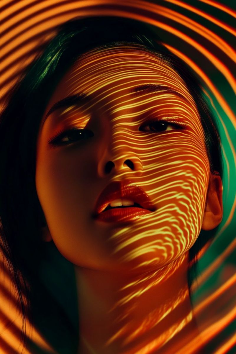 Woman shadow pattern texture beauty fashion makeup eye lip hair skin eyelash eyebrow nose mouth A close-up portrait of a woman with her face partially illuminated by a bright, swirling orange light. Her face is slightly turned, and her lips are slightly parted, revealing her teeth. Her eyes are closed, and her eyelashes are visible. The light creates a wavy pattern on her face, and her hair is dark and falls over her shoulders. The background is a mix of orange and green colors, with a circular pattern.
