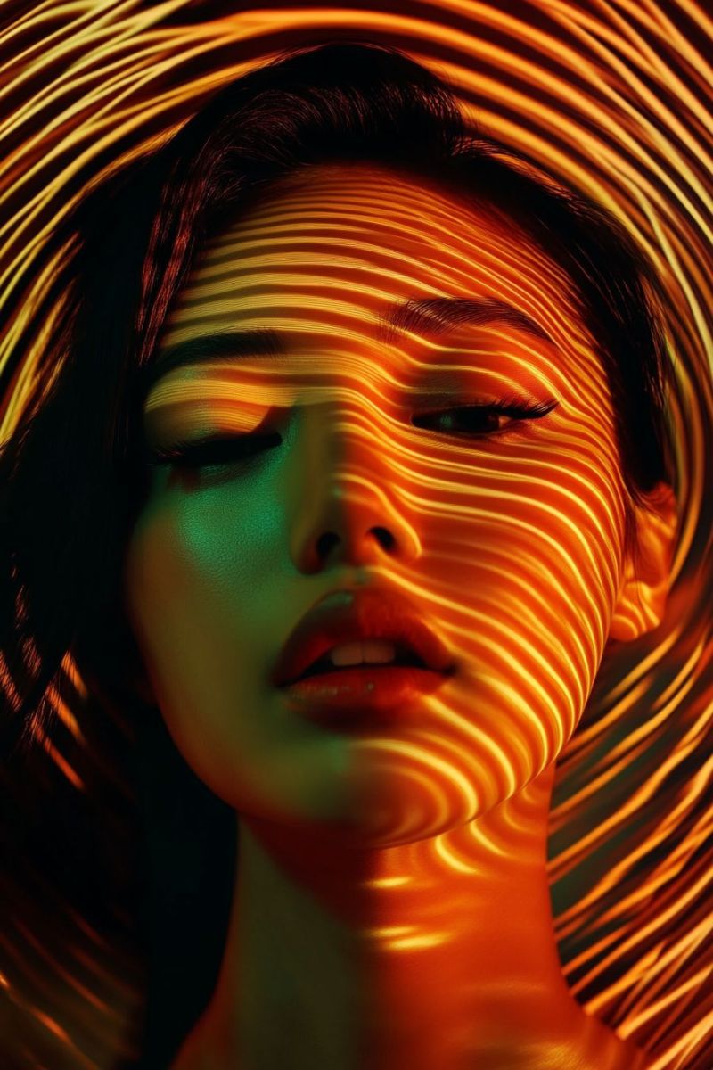 Woman pattern stripes eye lips hair makeup beauty fashion lighting texture A close-up portrait of a woman's face with her eyes closed, her face is illuminated by a bright, swirling orange and yellow light that creates a dynamic, almost abstract pattern across her face. Her lips are slightly parted, and her skin has a smooth, glowing texture. The background is dark, enhancing the contrast of the vibrant light on her face.